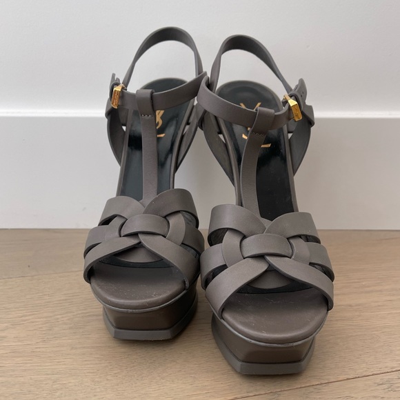 YSL Tribute Platform Sandals in Grey Smooth Leather Size US 9 EU 39 - Picture 2 of 6